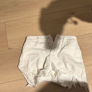 Good American Cream Distressed Jean Shorts